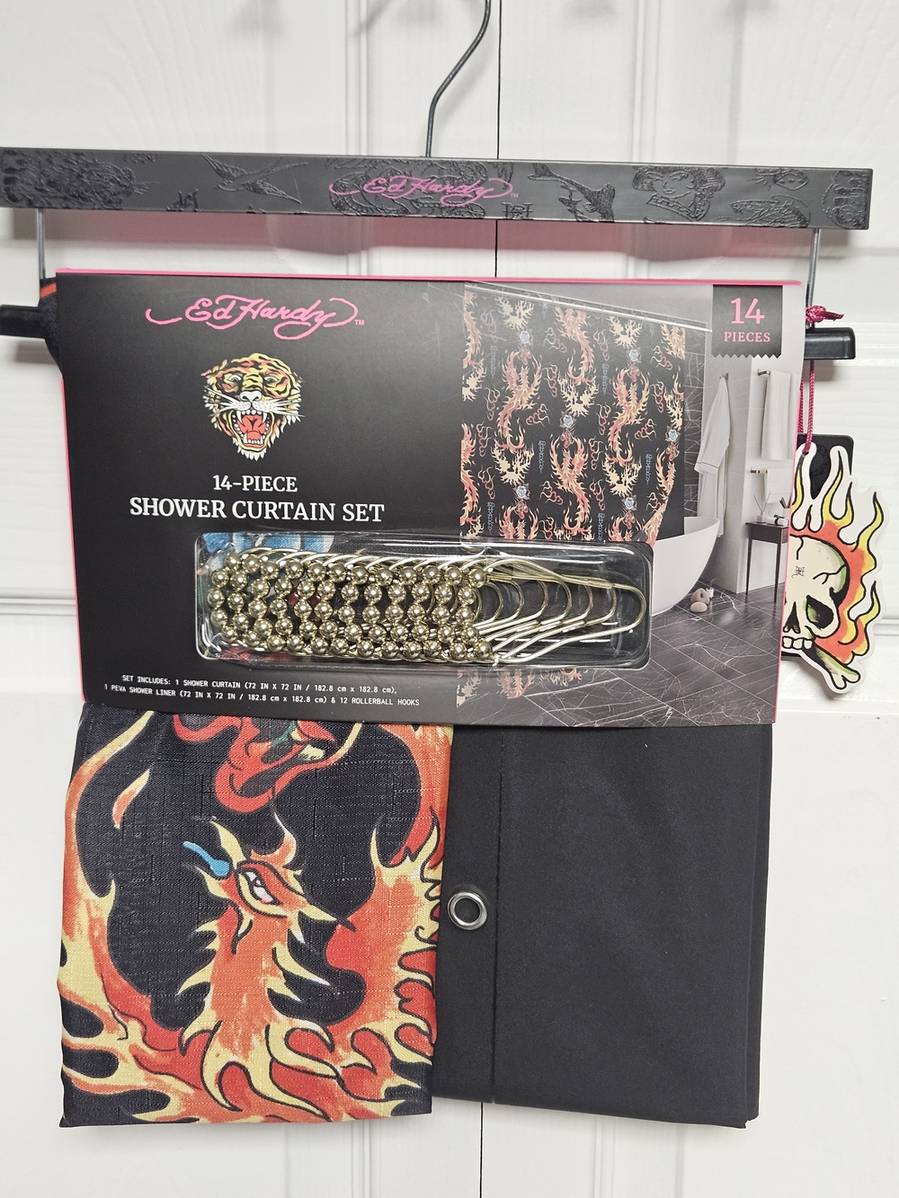 Ed Hardy Black Shower Curtain Set with Red & Orange Dragon Flame Print